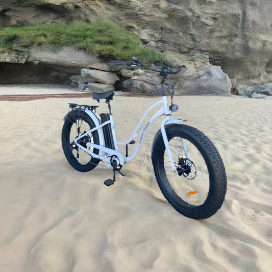 Coastal Cruiser 52V 26 Thru 750W Step Thru Ebike 26x4 Fat Tire Fat Tire Electric Beach Cruiser - Fat Tire Cruiser eBike - Rebel Electric Bikes Temecula
